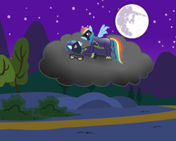 Size: 998x800 | Tagged: safe, artist:rulette, rainbow dash, soarin', pegasus, pony, clothes, cloud, female, male, night, nightmare night, shadowbolt dash, shadowbolts costume, shipping, soarindash, straight