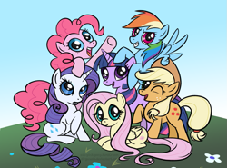 Size: 1085x803 | Tagged: safe, artist:underwoodart, derpibooru import, applejack, fluttershy, pinkie pie, rainbow dash, rarity, twilight sparkle, earth pony, pegasus, pony, unicorn, mane six, mane six opening poses, scene interpretation