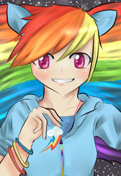 Size: 2000x2900 | Tagged: safe, artist:keentosleep, derpibooru import, rainbow dash, human, ambiguous facial structure, eared humanization, heart eyes, humanized, nail polish, solo, thousand yard stare, wingding eyes