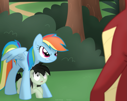 Size: 1071x854 | Tagged: safe, artist:faith-wolff, garble, rainbow dash, oc, dragon, pegasus, pony, fanfic:the bridge, angry, fanfic art, female, filly, foal, gentle heart, mare, protecting, teenaged dragon