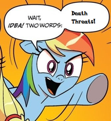 Size: 334x366 | Tagged: safe, derpibooru import, applejack, rainbow dash, earth pony, pegasus, pony, blonde mane, blue coat, blue wings, comic, dialogue, equestria girls drama, exploitable meme, female, mare, meme, meta, multicolored hair, open mouth, orange background, raised hoof, raised leg, simple background, smiling, speech bubble, two words meme, underhoof, wings