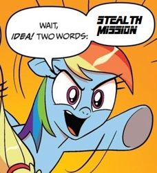 Size: 334x366 | Tagged: safe, derpibooru import, applejack, rainbow dash, earth pony, pegasus, pony, blonde mane, blue coat, blue wings, comic, dialogue, exploitable meme, female, mare, meme, metal gear, multicolored hair, open mouth, orange background, raised hoof, raised leg, simple background, smiling, speech bubble, two words meme, underhoof, wings