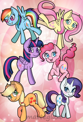 Size: 792x1152 | Tagged: safe, artist:matteglaze, derpibooru import, applejack, fluttershy, pinkie pie, rainbow dash, rarity, twilight sparkle, twilight sparkle (alicorn), alicorn, earth pony, pegasus, pony, unicorn, blushing, flying, mane six, poster, wingding eyes