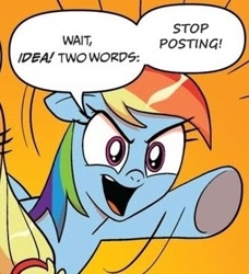 Size: 334x366 | Tagged: safe, derpibooru import, idw, applejack, rainbow dash, earth pony, pegasus, pony, blonde mane, blue coat, blue wings, comic, dialogue, exploitable meme, female, mare, meme, multicolored hair, open mouth, orange background, rainbowdash presents, raised hoof, raised leg, simple background, smiling, speech bubble, two words meme, underhoof, wings