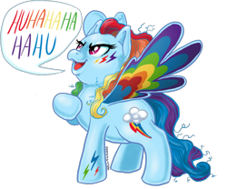 Size: 900x750 | Tagged: safe, artist:hollowzero, rainbow dash, pegasus, pony, colored wings, fat angry rainbow dash, laughing, multicolored wings, rainbow dash always dresses in style, rainbow power, rainbow wings, solo, toy