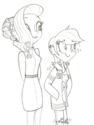 Size: 500x662 | Tagged: safe, artist:fedorabow, rainbow dash, rarity, human, blushing, bomber jacket, date, female, humanized, lesbian, lineart, monochrome, nervous, raridash, shipping, traditional art, tube dress