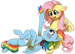 Size: 1024x734 | Tagged: safe, artist:kiriya, fluttershy, rainbow dash, butterfly, pegasus, pony, dock, female, flutterdash, lesbian, pixiv, shipping