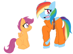 Size: 1024x760 | Tagged: safe, artist:sketchstarlight, rainbow dash, scootaloo, pegasus, pony, belt, bound wings, clothes, cute, duo, frown, nervous, open mouth, prison outfit, prisoner, prisoner rd, raised hoof, sad, sitting