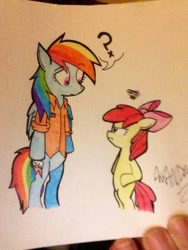 Size: 960x1280 | Tagged: safe, artist:billie-joe-twerks, apple bloom, rainbow dash, pegasus, pony, angry, bipedal, clothes, confused, duo, hand, prison outfit, prisoner, prisoner rd, traditional art