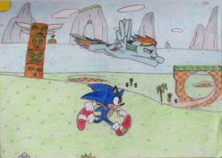 Size: 823x587 | Tagged: safe, artist:yotesgames, derpibooru import, rainbow dash, pegasus, pony, crossover, green hill zone, sonic the hedgehog, sonic the hedgehog (series), traditional art