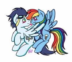 Size: 1024x894 | Tagged: safe, artist:negzd, rainbow dash, soarin', pegasus, pony, blushing, boop, female, flying, goggles, heart, male, noseboop, old cutie mark, shipping, smiling, soarindash, straight