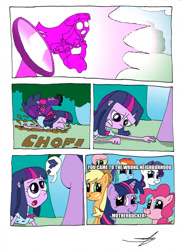 Size: 1024x1407 | Tagged: safe, artist:ringteam, derpibooru import, applejack, fluttershy, pinkie pie, rainbow dash, rarity, twilight sparkle, equestria girls, equestria girls (movie), comic, human ponidox, image macro, mane six, twiface, wrong neighborhood