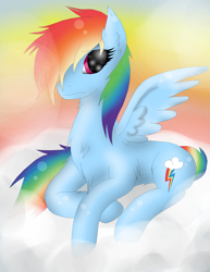 Size: 2469x3203 | Tagged: safe, artist:gerardwei, derpibooru import, rainbow dash, pegasus, pony, chest fluff, cloud, ear fluff, fluffy, fluffy mane, looking at you, sad, sunset