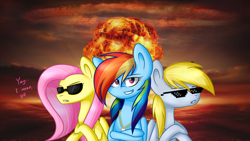 Size: 1024x576 | Tagged: safe, artist:despotshy, derpibooru import, derpy hooves, fluttershy, rainbow dash, pegasus, pony, female, mare, mushroom cloud, sunglasses, swag