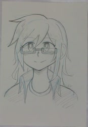 Size: 1303x1873 | Tagged: artist needed, safe, derpibooru import, rainbow dash, human, glasses, humanized, monochrome, solo, traditional art