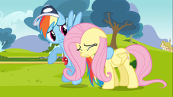 Size: 1366x768 | Tagged: safe, screencap, fluttershy, rainbow dash, pegasus, pony, hurricane fluttershy, crying, hat, hug, whistle