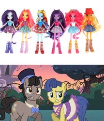 Size: 1079x1255 | Tagged: safe, derpibooru import, screencap, applejack, fluttershy, masquerade, pinkie pie, rainbow dash, rarity, twilight sparkle, equestria girls, sweet and elite, clothes, doll, dress, equestria girls drama, hat, humane five, raggedy doctor, top hat