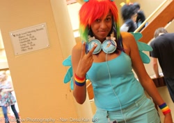 Size: 2048x1456 | Tagged: artist needed, safe, rainbow dash, human, 2013, convention, cosplay, headphones, irl, irl human, ndk, photo, solo, wristband