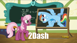 Size: 1920x1080 | Tagged: safe, derpibooru import, screencap, cheerilee, rainbow dash, pegasus, pony, 28 pranks later, chalkboard, cheerilee's chalkboard, discovery family logo, mouth hold