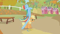 Size: 1280x720 | Tagged: safe, derpibooru import, screencap, applejack, rainbow dash, earth pony, pegasus, pony, fall weather friends, fence, great moments in animation, horseshoes, smear frame, wat