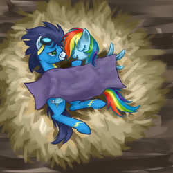 Size: 2000x2000 | Tagged: safe, artist:shirl-ame, rainbow dash, soarin', pegasus, pony, blanket, cute, dashabetes, eyes closed, female, goggles, happy, hay, male, romantic, shipping, sleeping, smiling, soarindash, spread wings, straight, wonderbolts, wonderbolts uniform