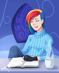 Size: 800x988 | Tagged: safe, artist:emberfan11, rainbow dash, human, book, clothes, drink, fingerless gloves, gloves, humanized, piercing, reading, solo, sweater, table, undercut