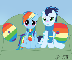 Size: 1024x853 | Tagged: safe, artist:rulette, rainbow dash, soarin', pegasus, pony, clothes, female, male, scarf, shipping, sick, sitting, soarindash, sofa, straight