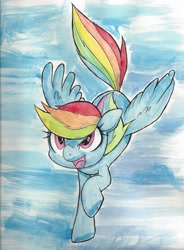 Size: 2496x3397 | Tagged: safe, artist:buttercupsaiyan, derpibooru import, rainbow dash, pegasus, pony, flying, sky, solo, traditional art