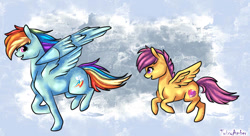 Size: 1024x556 | Tagged: safe, artist:twixyamber, derpibooru import, rainbow dash, scootaloo, pegasus, pony, backwards cutie mark, cutie mark, running, scootalove, the cmc's cutie marks