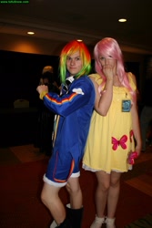 Size: 1366x2048 | Tagged: safe, fluttershy, rainbow dash, human, cosplay, irl, irl human, photo