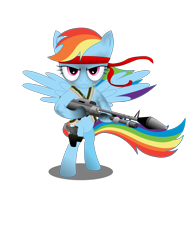 Size: 2400x3200 | Tagged: safe, artist:gonein10seconds, rainbow dash, pegasus, pony, bandana, bandolier, bipedal, female, flamethrower, gun, handgun, headband, hooves, looking at you, mare, pistol, rambo, rambo dash, simple background, solo, spread wings, transparent background, weapon, wings