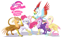 Size: 4990x2837 | Tagged: safe, artist:farewelldecency, derpibooru import, applejack, fluttershy, pinkie pie, rainbow dash, rarity, twilight sparkle, griffon, absurd resolution, colored wings, cowboy hat, eyes closed, floating, freckles, griffonized, group, hat, mane six, multicolored wings, my little griffon, open mouth, rainbow griffon, rainbow wings, simple background, species swap, stetson, white background