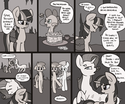 Size: 1280x1067 | Tagged: safe, artist:otterlore, fluttershy, rainbow dash, rarity, spike, twilight sparkle, drider, monster pony, original species, spider, spiderpony, apple, cake, cave, comic, grayscale, hug, monochrome, saddle bag, species swap, speech bubble, teacup, tongue out, tumblr