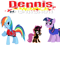 Size: 1600x1581 | Tagged: safe, derpibooru import, rainbow dash, scootaloo, twilight sparkle, pegasus, pony, beano, crossover, dennis the menace, dennis the menace and gnasher, gnasher, walter, walter the softie