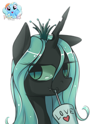 Size: 600x803 | Tagged: safe, artist:nattsu-san, derpibooru import, queen chrysalis, rainbow dash, changeling, changeling queen, pegasus, pony, cute, cutealis, drink, drinking, female, heart, looking at you, love, simple background, solo focus, transparent background