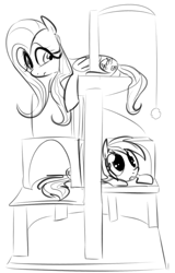 Size: 425x663 | Tagged: safe, artist:dotkwa, fluttershy, rainbow dash, pegasus, pony, behaving like a cat, cat tower, confused, cute, dilated pupils, fluttercat, frown, monochrome, prone, rainbow cat