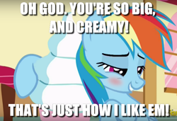 Size: 706x484 | Tagged: safe, derpibooru import, rainbow dash, pegasus, pony, blushing, cargo ship, double entendre, food, ice cream, image macro, innuendo, meme, shipping