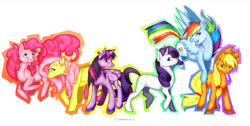 Size: 1952x984 | Tagged: safe, artist:vampirelili, derpibooru import, applejack, fluttershy, pinkie pie, rainbow dash, rarity, twilight sparkle, twilight sparkle (alicorn), alicorn, earth pony, pegasus, pony, unicorn, mane six