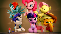 Size: 1920x1080 | Tagged: safe, artist:danj16, derpibooru import, applejack, fluttershy, pinkie pie, rainbow dash, rarity, twilight sparkle, earth pony, pegasus, pony, unicorn, 3d, cup, drinking, magic, mane six, mcdonald's, source filmmaker, straw