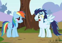 Size: 1024x711 | Tagged: safe, artist:rulette, rainbow dash, soarin', pegasus, pony, blank flank, blushing, female, male, rose, shipping, soarindash, straight