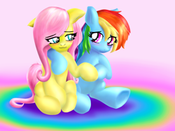 Size: 1032x774 | Tagged: safe, artist:privia, fluttershy, rainbow dash, pegasus, pony, female, flutterdash, lesbian, shipping