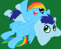 Size: 800x637 | Tagged: safe, artist:kucolkucolika, rainbow dash, soarin', pegasus, pony, female, grass, hair over one eye, lying, male, mare, on back, pointing, pony pillow, prone, shipping, soarindash, stallion, straight