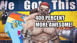 Size: 1280x720 | Tagged: safe, rainbow dash, pegasus, pony, 20% cooler, borderlands, borderlands 2, mister torgue flexington, torgue corporation