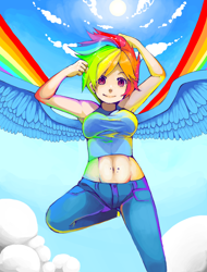 Size: 2042x2691 | Tagged: safe, artist:crazyrainbowstars, derpibooru import, rainbow dash, human, armpits, artifact, belly button, clothes, humanized, midriff, solo, tanktop, winged humanization