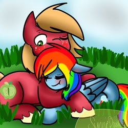 Size: 894x894 | Tagged: safe, artist:sunniedoodles, big macintosh, rainbow dash, earth pony, pegasus, pony, blushing, cuddling, cute, eyes closed, hug, lying, male, rainbowmac, shipping, smiling, snuggling, stallion, straight, wink