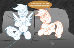 Size: 1279x828 | Tagged: safe, artist:ladyanidraws, derpibooru import, applejack, rainbow dash, earth pony, pegasus, pony, annoyed, controller, final fantasy, final fantasy vii, gaming, newbie artist training grounds, prone, sitting, sofa