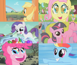 Size: 1706x1440 | Tagged: safe, derpibooru import, screencap, applejack, fluttershy, pinkie pie, rainbow dash, rarity, twilight sparkle, earth pony, pegasus, pony, unicorn, the cutie mark chronicles, blank flank, collage, eye reflection, female, filly, filly applejack, filly fluttershy, filly pinkie pie, filly rainbow dash, filly rarity, filly twilight sparkle, gem, rainbow, reflection, rock farm, speed lines, wide eyes, younger