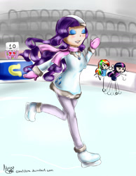 Size: 1710x2200 | Tagged: safe, artist:cometshina, derpibooru import, rainbow dash, rarity, spike, twilight sparkle, humanized, ice rink, ice skates, ice skating