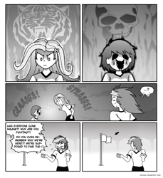 Size: 854x932 | Tagged: safe, artist:crydius, derpibooru import, fluttershy, rainbow dash, big cat, tiger, comic:annual chs flag hunt, equestria girls, chara, comic, crossover, monochrome, skull, stare down, the stare, undertale