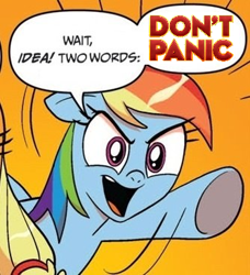 Size: 334x366 | Tagged: safe, derpibooru import, idw, applejack, rainbow dash, earth pony, pegasus, pony, blonde mane, blue coat, blue wings, comic, dialogue, don't panic, exploitable meme, female, hitchhiker's guide to the galaxy, mare, meme, multicolored hair, open mouth, orange background, raised hoof, raised leg, simple background, smiling, speech bubble, two words meme, underhoof, wings